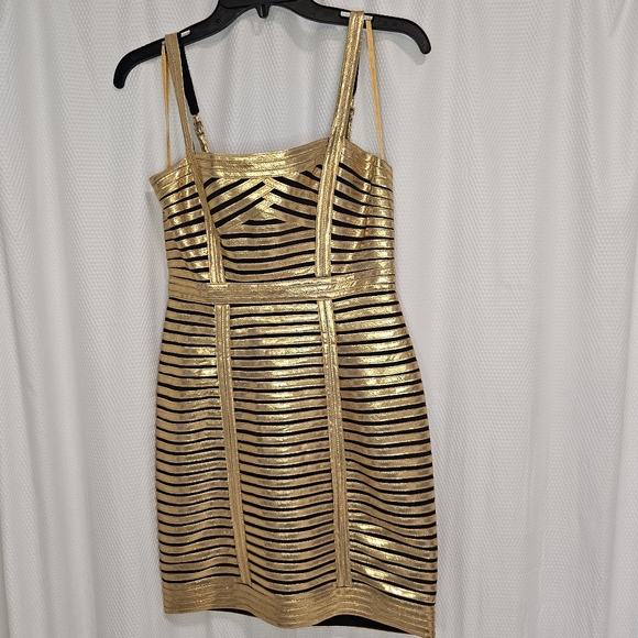 BCBGMAXAZRIA “Beret” Metallic Gold & Black Bandage Bodycon Dress – Size 6 – NWT - Picture 1 of 8